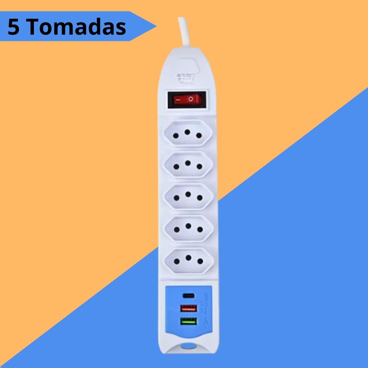 Extensão Filtro de Linha de ate 5 Tomadas 2 USB e 1 Tipo-C