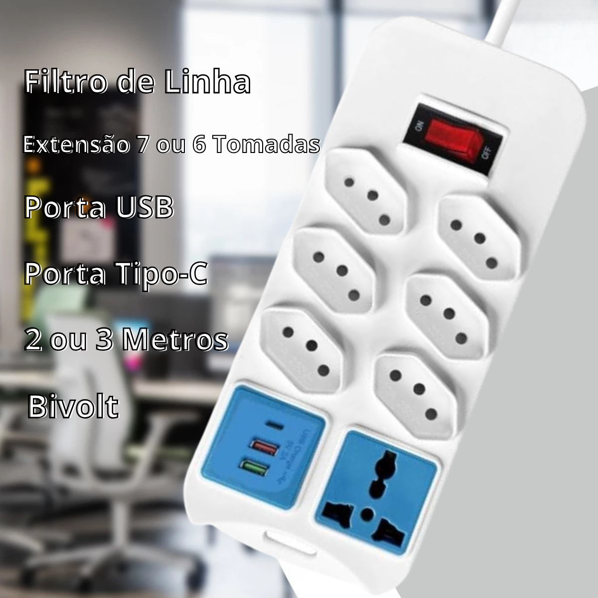 Extensão Elétrica 7 Tomadas + 2 USB Cabo 2m Bivolt Branco