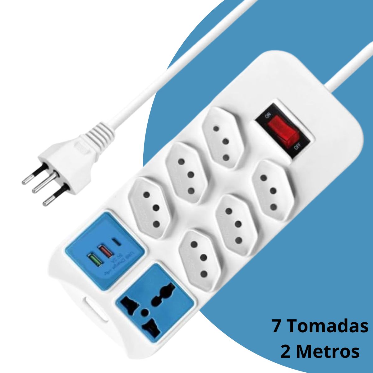 Extensão Elétrica 7 Tomadas + 2 USB Cabo 2m Bivolt Branco
