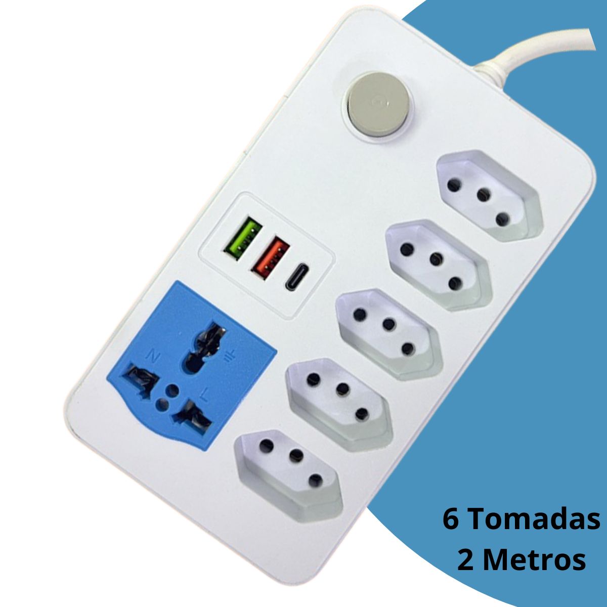 Extensão Elétrica 7 Tomadas + 2 USB Cabo 2m Bivolt Branco