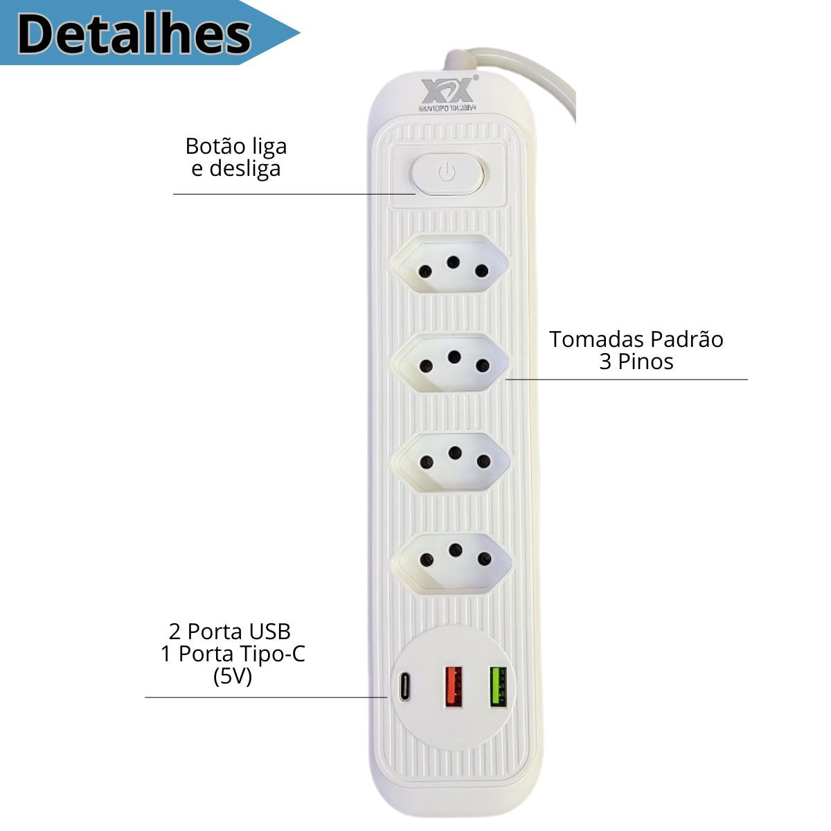 Extensão Elétrica A631 de Ate 5 Tomadas + 2 USB + 1 Tipo-C