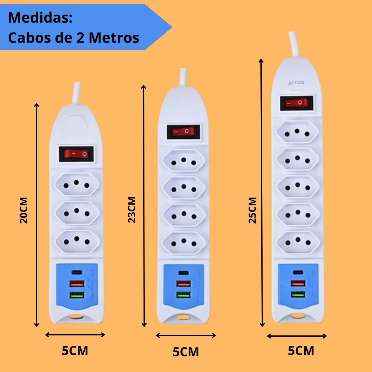 Extensão Filtro de Linha de ate 5 Tomadas 2 USB e 1 Tipo-C