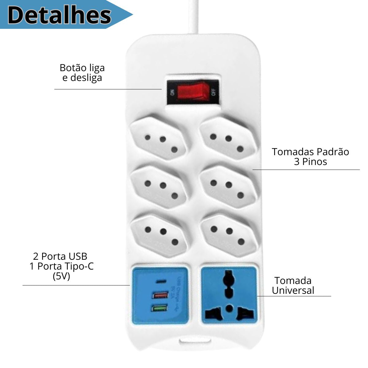 Extensão Elétrica 7 Tomadas + 2 USB Cabo 2m Bivolt Branco