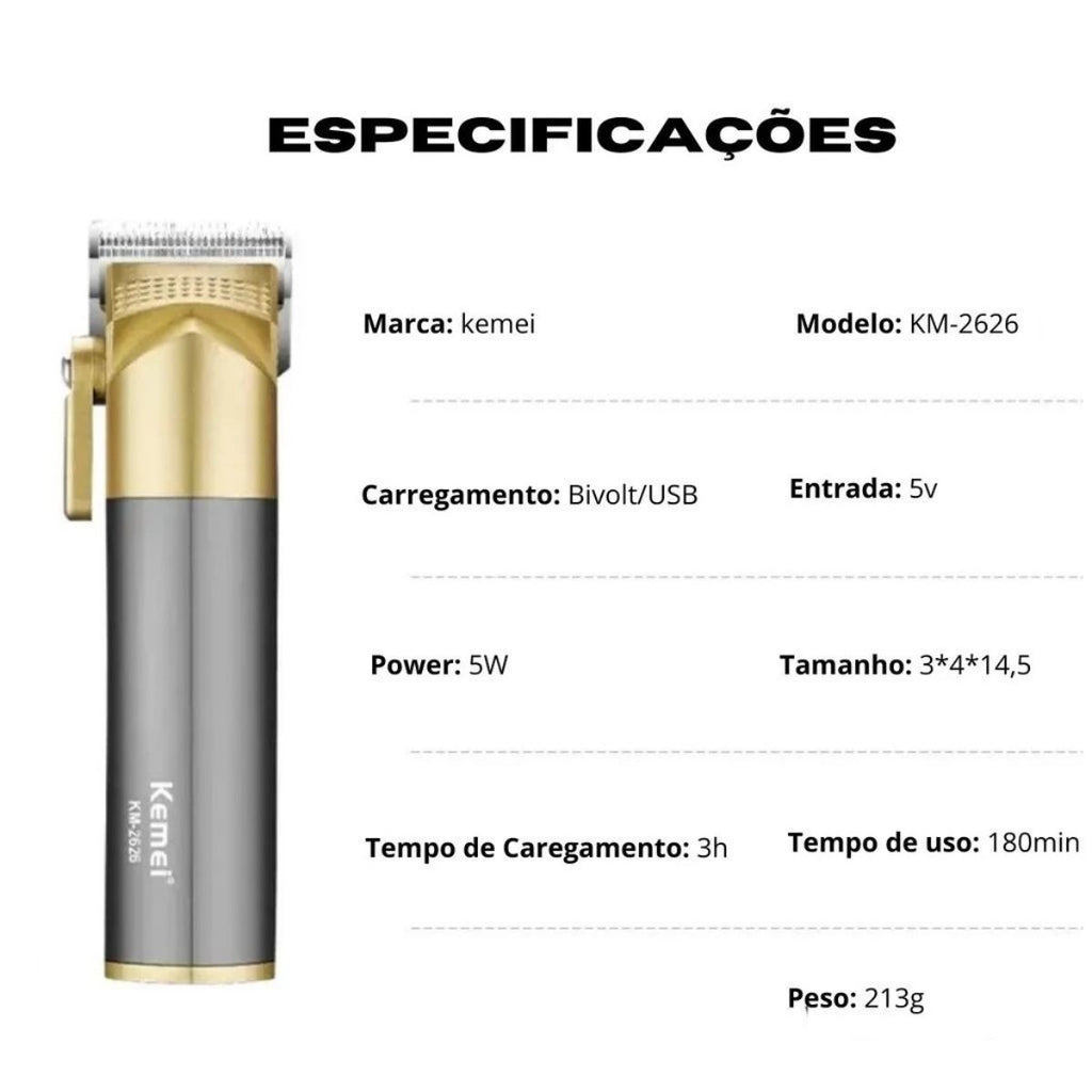 Máquina de cortar Kemei KM-2626 Profissional USB e Sem Fio
