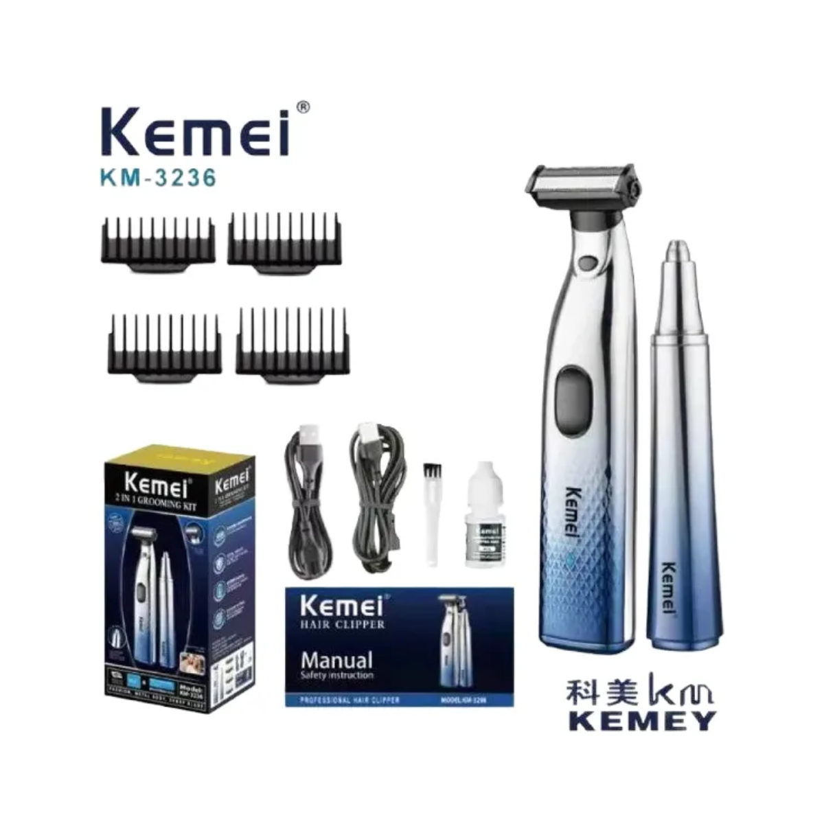 Kit Aparador de Pelos Kemei KM-3236 USB Sem Fio e Portátil