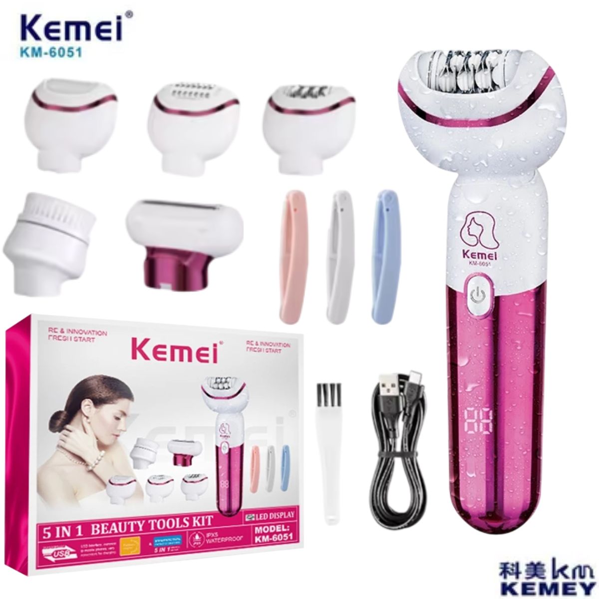 Depilador Kemei KM-6051 5 em 1 USB e À Prova D’Água