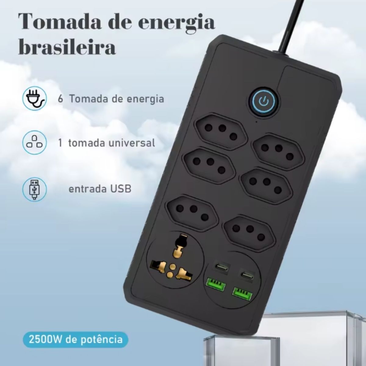 Extensão Coibeu 6 Tomadas +2 USB +2 Tipo C Bivolt