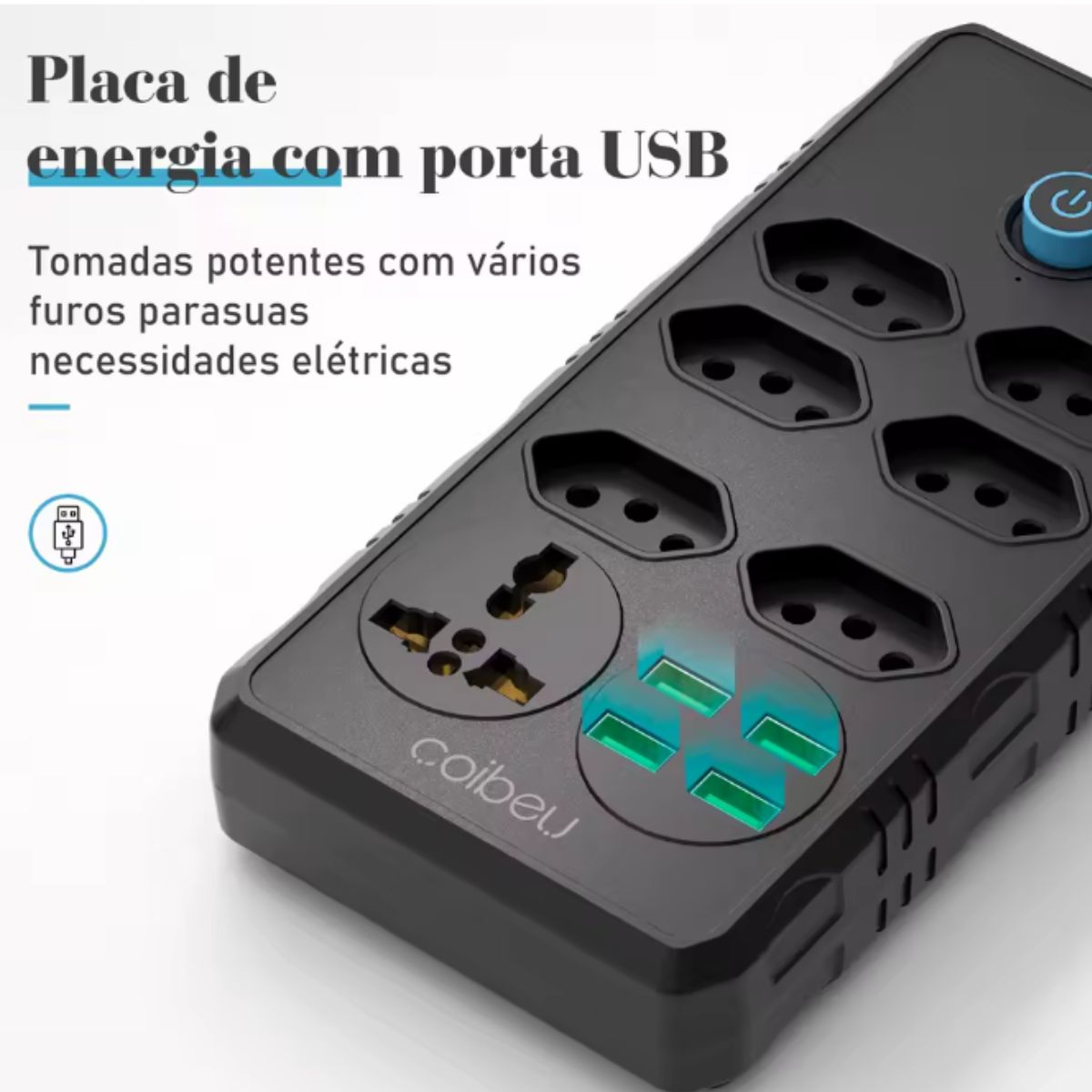 Extensão Coibeu 6 Tomadas +2 USB +2 Tipo C Bivolt