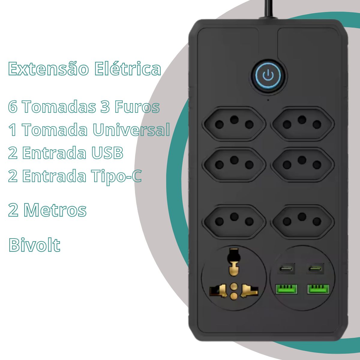 Extensão Coibeu 6 Tomadas +2 USB +2 Tipo C Bivolt