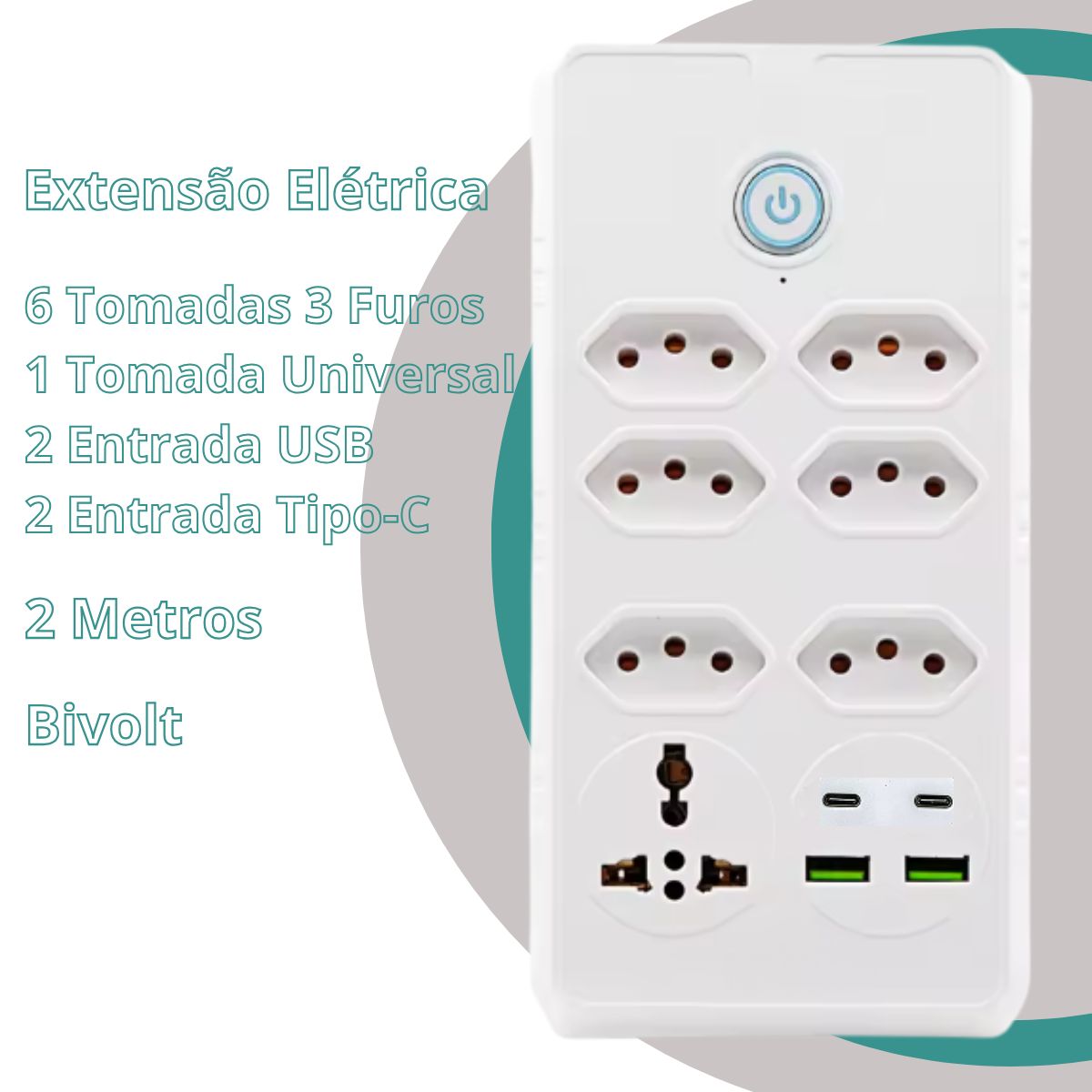 Extensão Coibeu 6 Tomadas +2 USB +2 Tipo C Bivolt