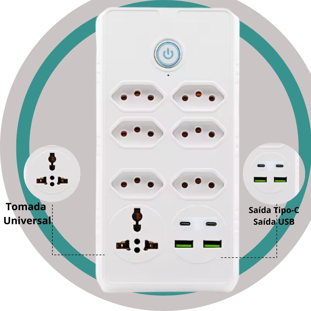 Extensão Coibeu 6 Tomadas +2 USB +2 Tipo C Bivolt