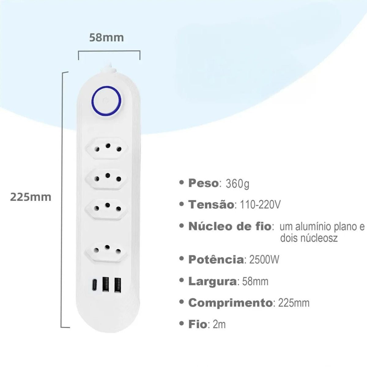 Extensão Elétrica Di Vida Power Socket 6 Tomadas Bivolt