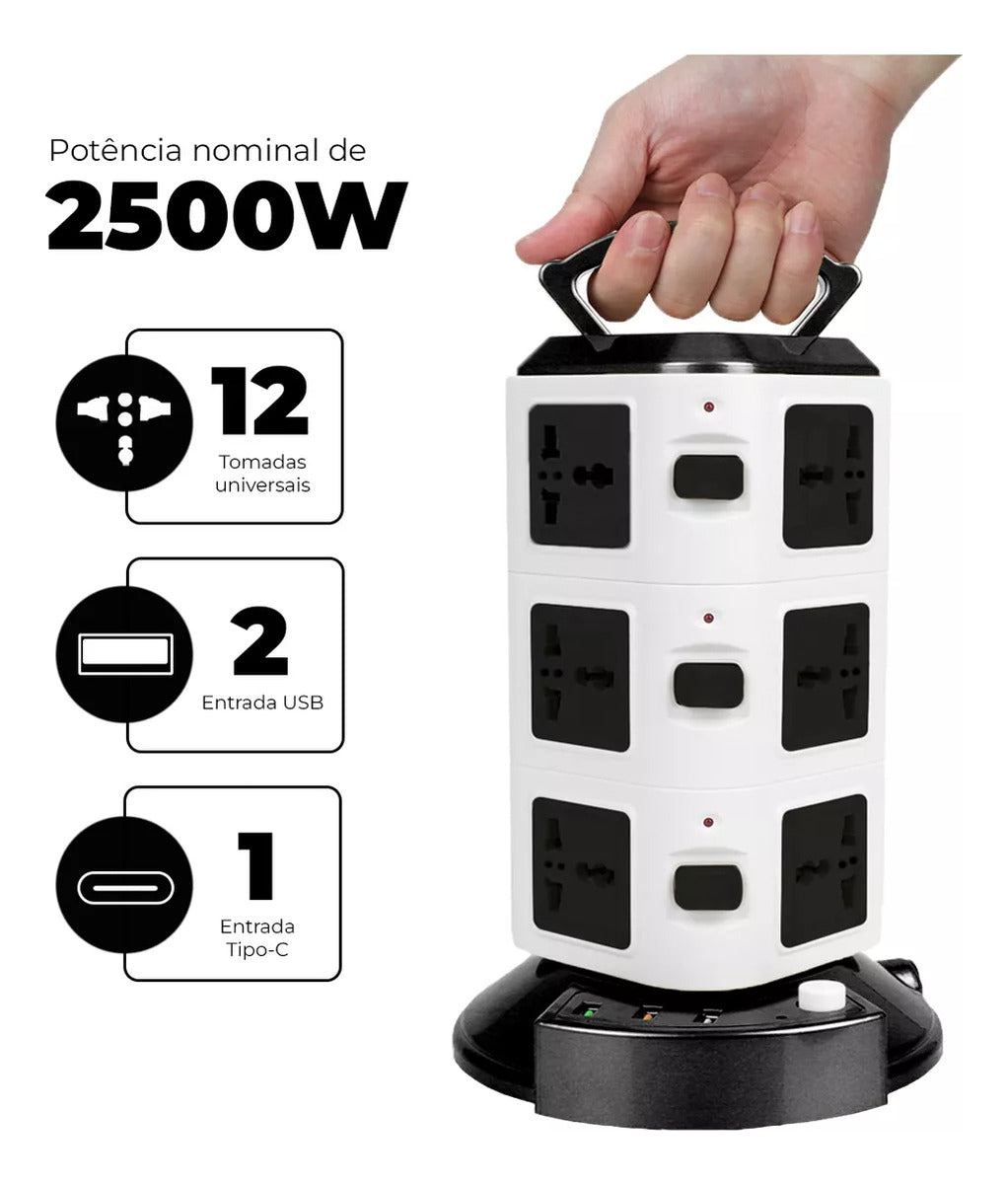 Torre de Tomadas 2500W com USB Universal Fusível e Bivolt