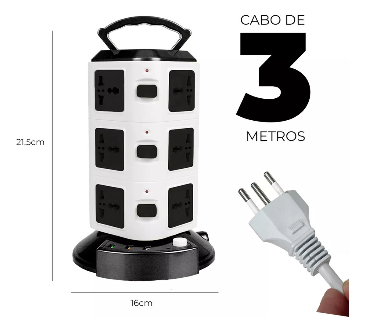 Torre de Tomadas 2500W com USB Universal Fusível e Bivolt