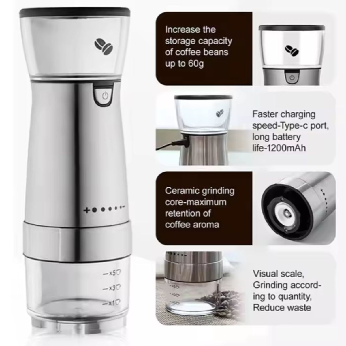 Moedor de Café Elétrico Portátil Recarregável USB Ajustável