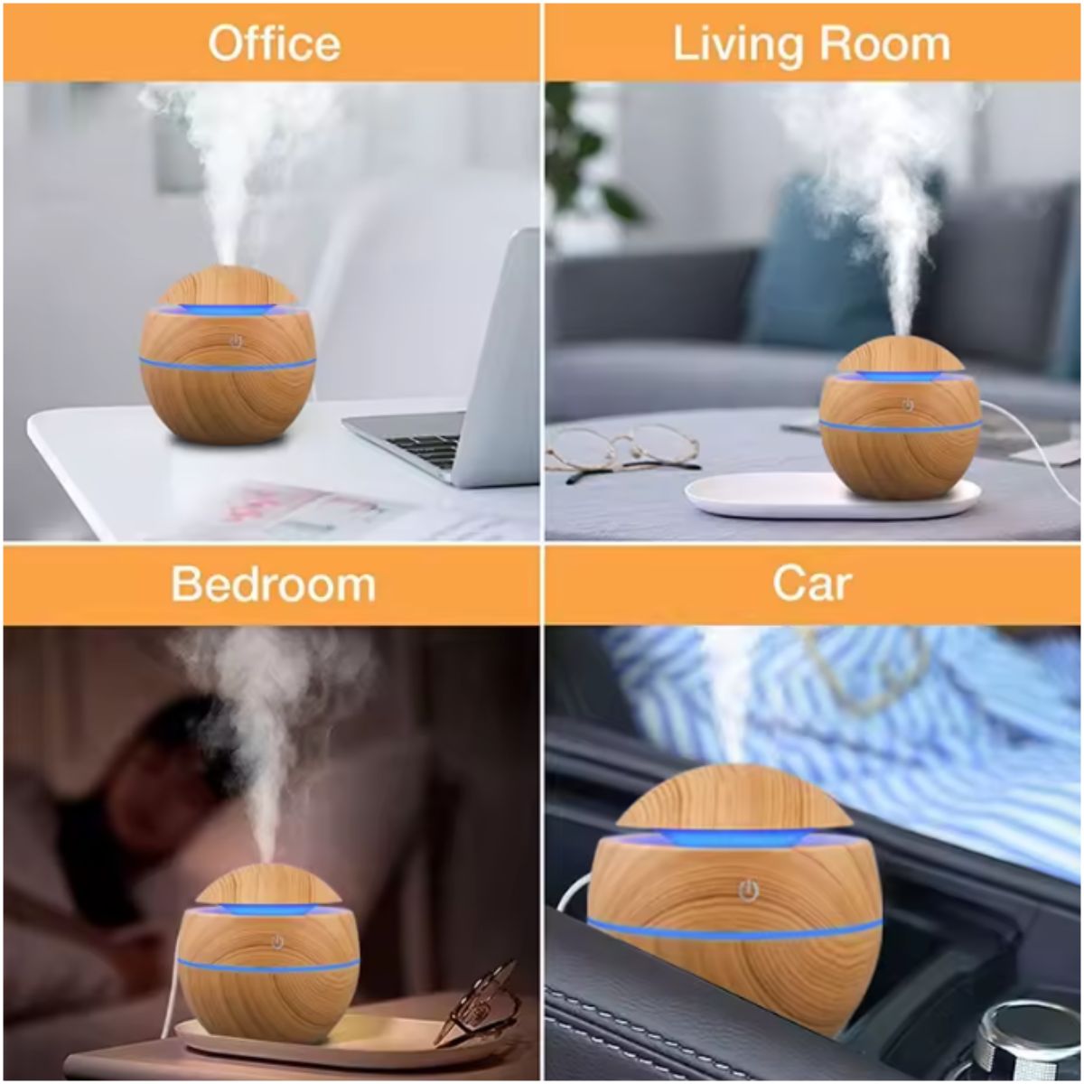 Umidificador Difusor de Ar Madeira Mini USB com Luz LED 200ml