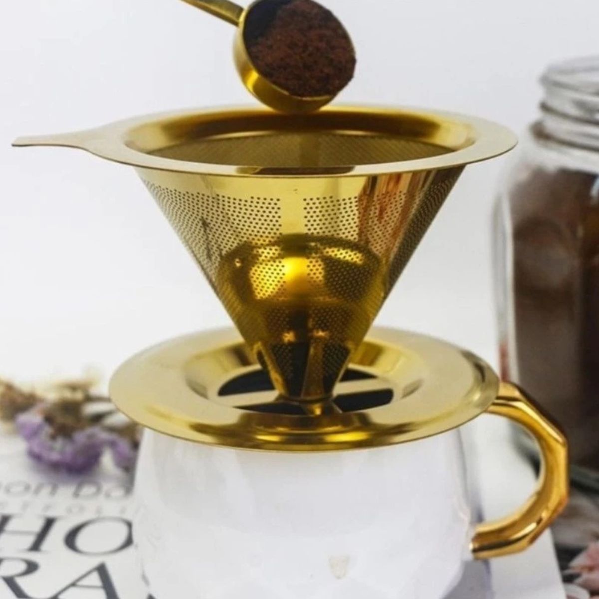 Filtro de Café Coador Inox Reutilizável Pour Over Dourado