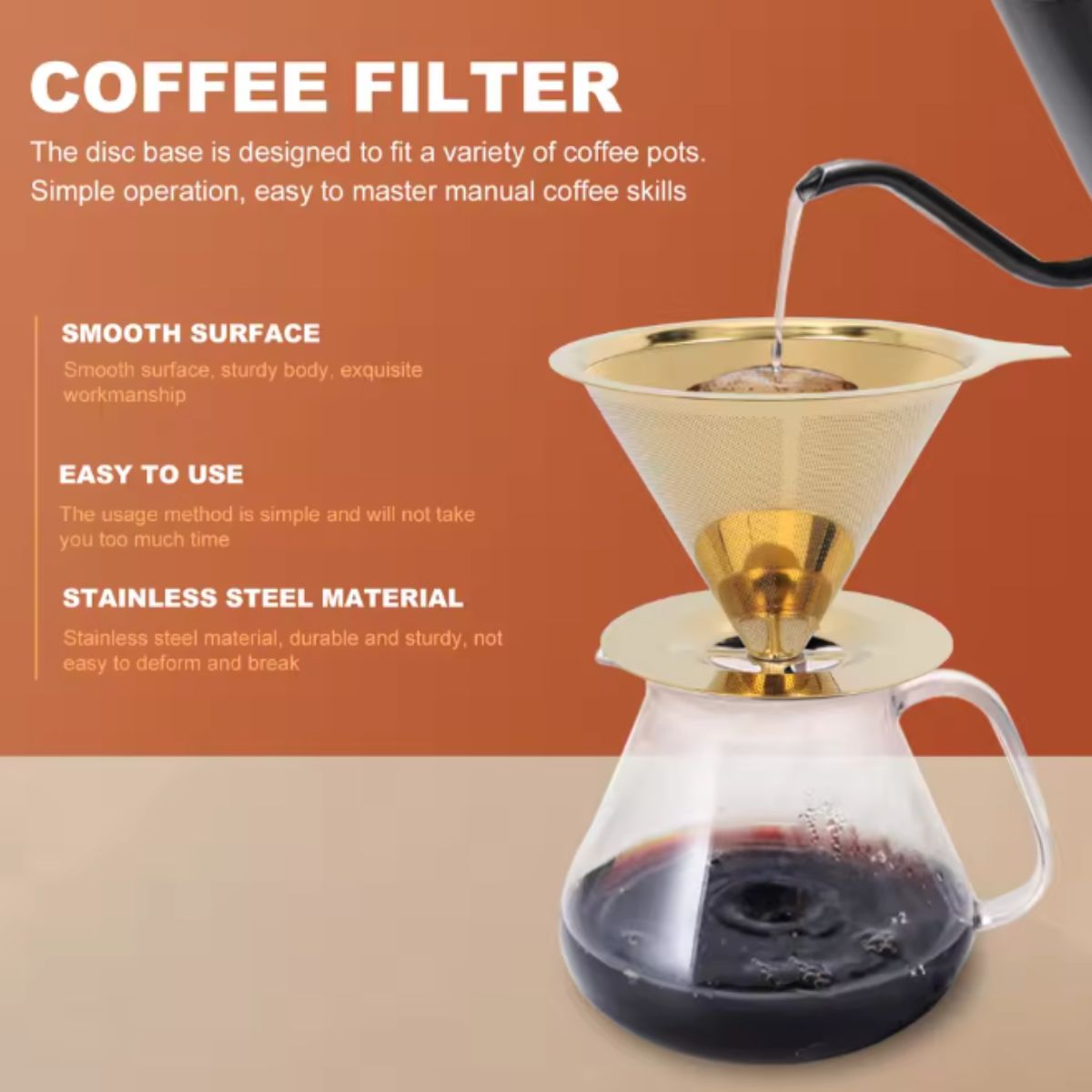 Filtro de Café Coador Inox Reutilizável Pour Over Dourado