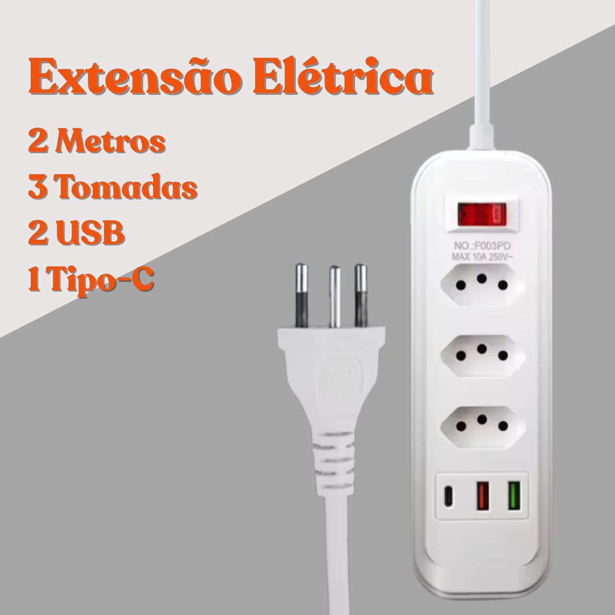 Extensão Régua Inteligente Até 10 Tomadas 2 USB e 1 Tipo-C