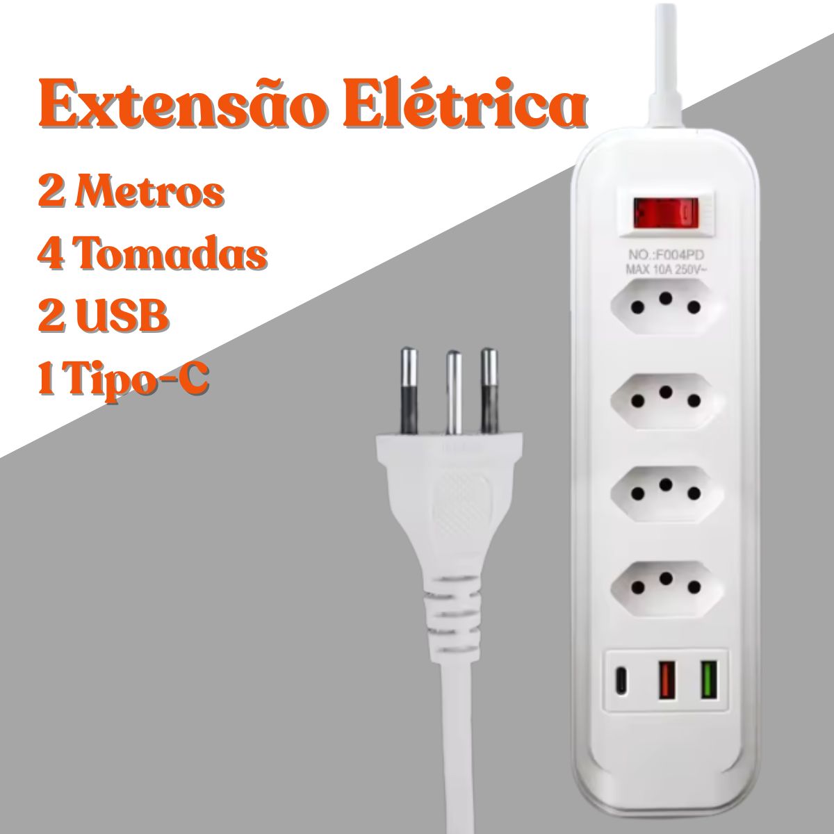 Extensão Régua Inteligente Até 10 Tomadas 2 USB e 1 Tipo-C