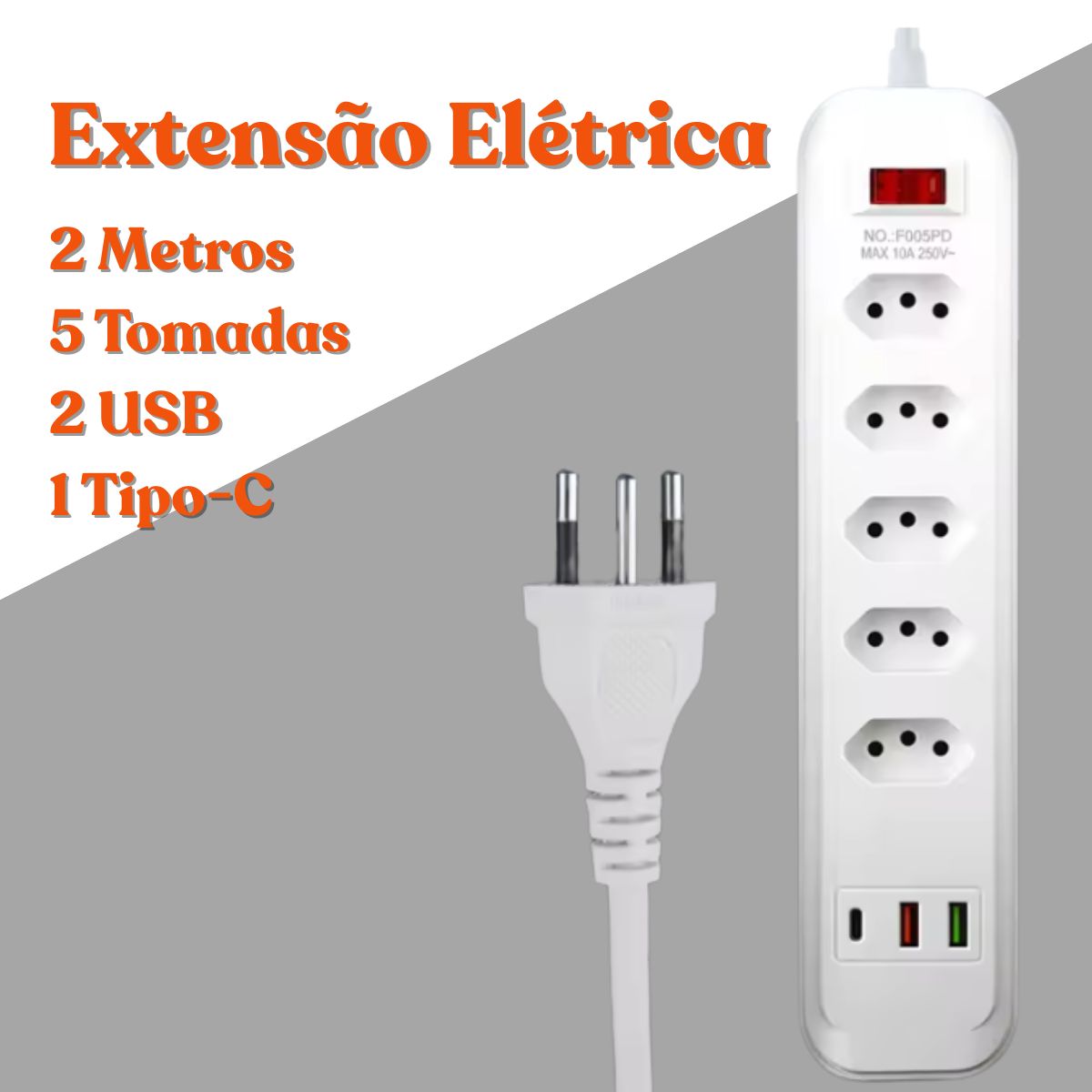 Extensão Régua Inteligente Até 10 Tomadas 2 USB e 1 Tipo-C