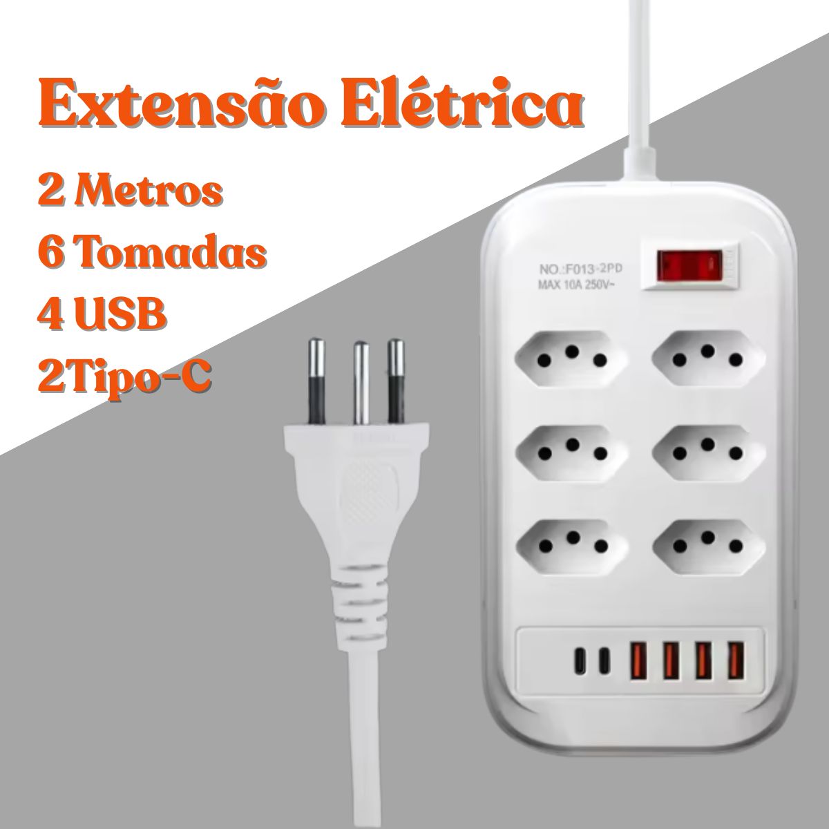 Extensão Régua Inteligente Até 10 Tomadas 2 USB e 1 Tipo-C