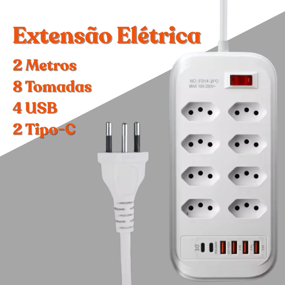 Extensão Régua Inteligente Até 10 Tomadas 2 USB e 1 Tipo-C