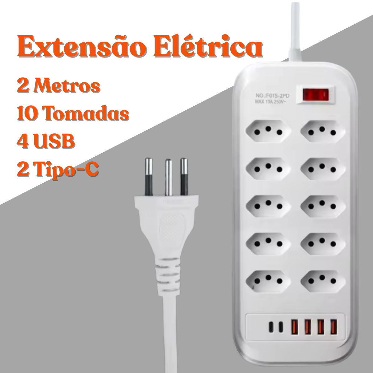 Extensão Régua Inteligente Até 10 Tomadas 2 USB e 1 Tipo-C