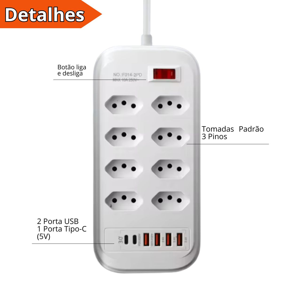 Extensão Régua Inteligente Até 10 Tomadas 2 USB e 1 Tipo-C