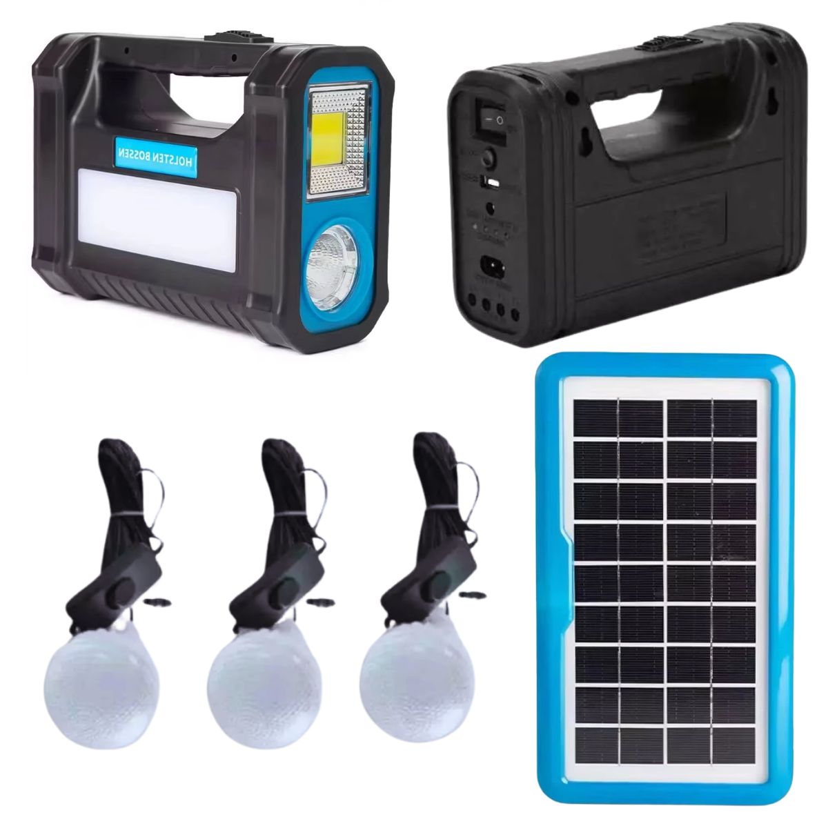 Kit Bateria Portátil com Painel Solar e 3 Lâmpadas LED Camping