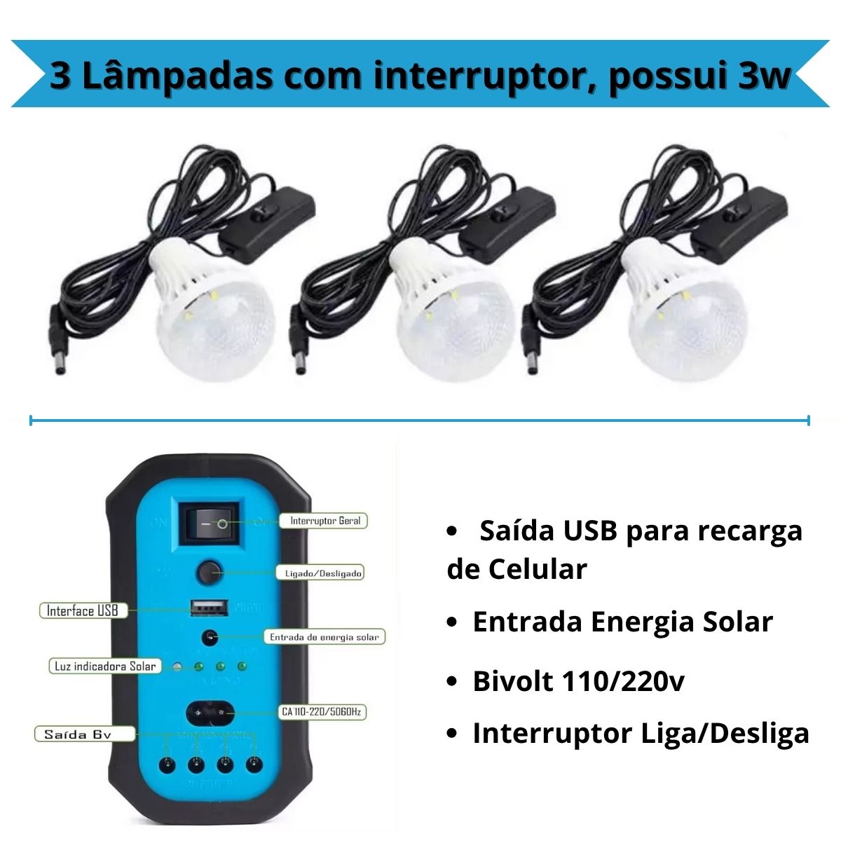 Kit Bateria Portátil com Painel Solar e 3 Lâmpadas LED Camping