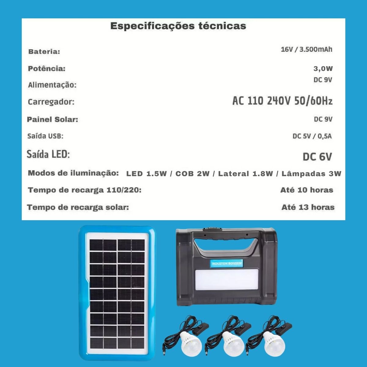 Kit Bateria Portátil com Painel Solar e 3 Lâmpadas LED Camping
