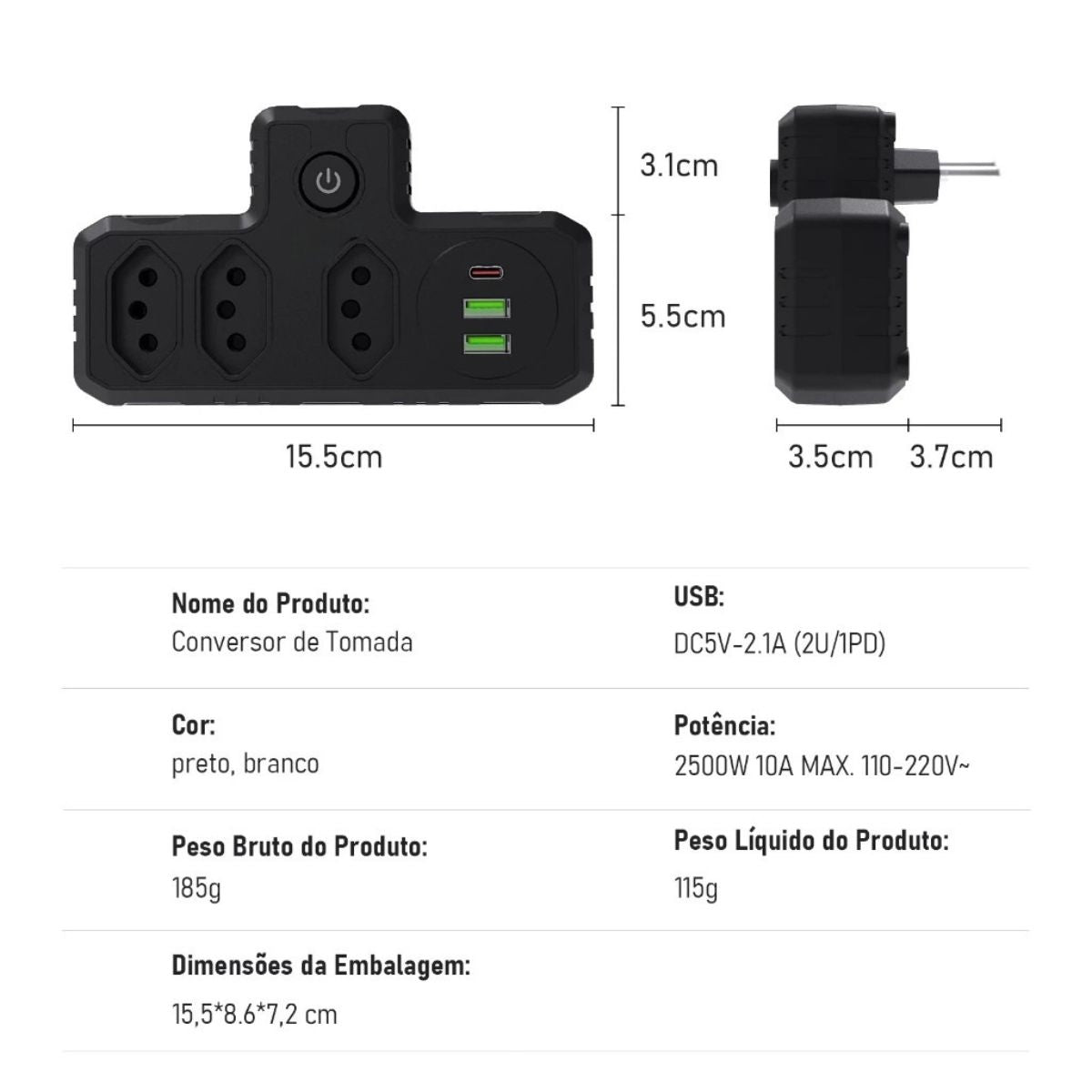 Adaptador Universal USB Tipo-C com Filtro de Linha