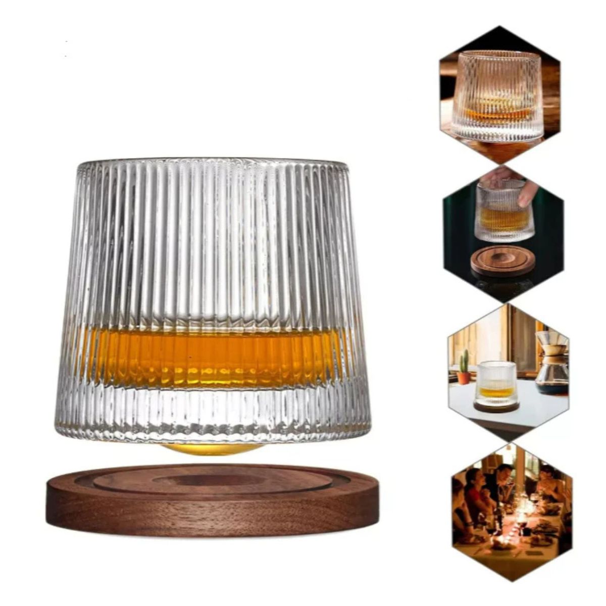 Copo de Whisky Giratório 170ml de Vidro com Base de Madeira